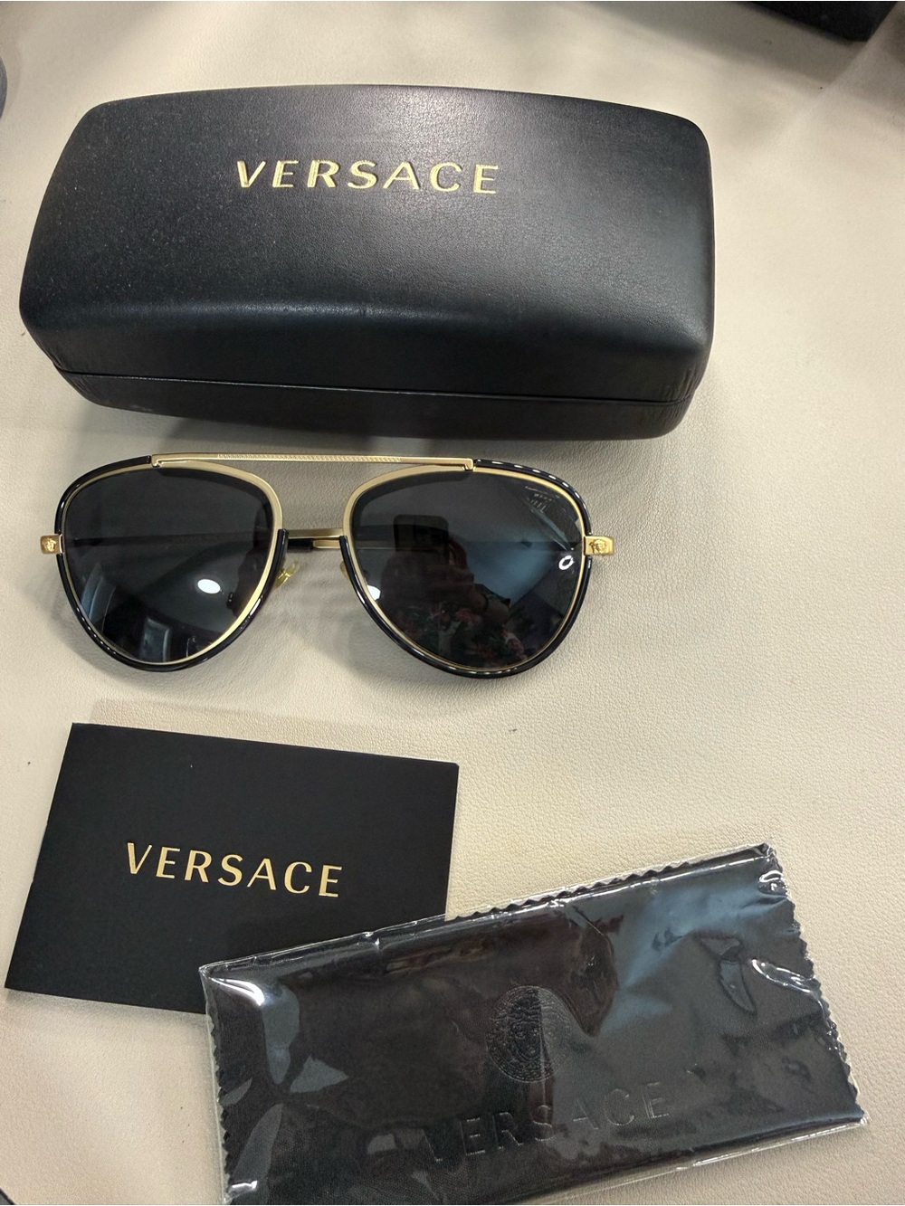 Versace Gold & Black Aviator Sunglasses with Case